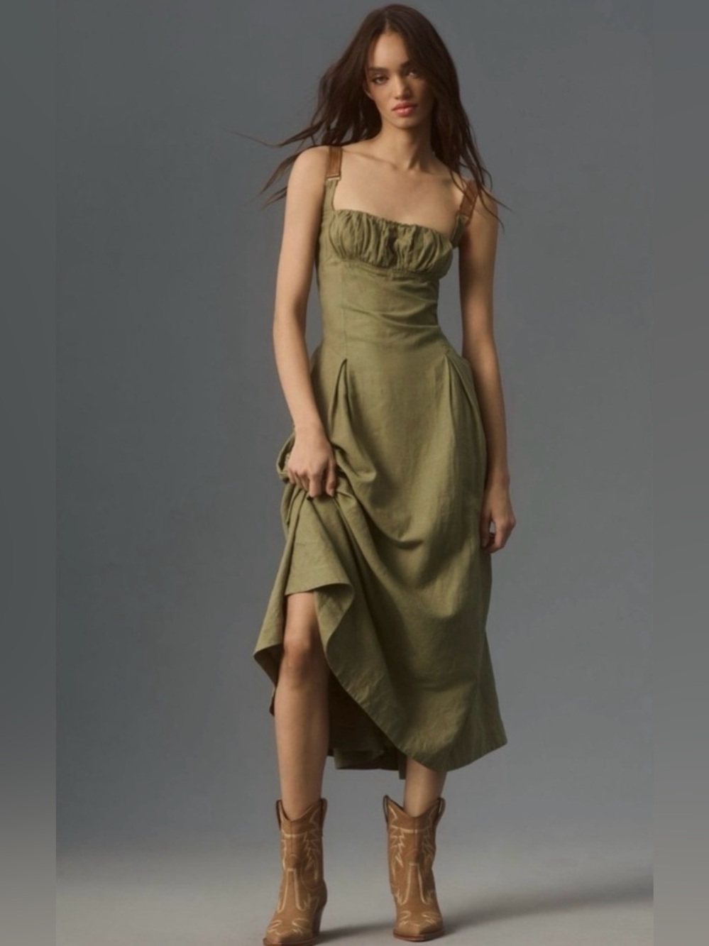 By Anthropologie Linen Utility Square-Neck A-Line Midi Dress in Moss Green